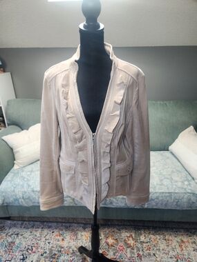 White House Black Market Women's Taupe Beige Ruffle-Trim Zip Jacket Velour Large